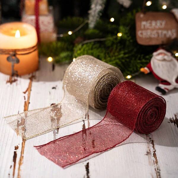 1pc 5 Meter X 6.3 Cm Mesh Tulle Roll For Christmas Decoration, Mesh Metallic Decoration Mesh Ribbon For Christmas Tree Garland Decor, Red Golden Mesh Webbing For Christmas Evening Party Decoration Supplies, DIY Gift Wrapping, Craft Packaging Supplies