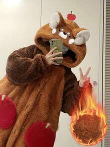 女士可爱熊浴袍 - 卡通可爱浣熊法兰绒浴袍 - 睡袍，无弹力面料，可机洗 - 冬夜舒适浴袍 - 居家（成人版）卡通图案毛绒保暖连帽浴袍 - 彩色 - 查看 5