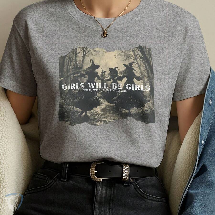 Girls Will Be Girls Printed Women's T-Shirt | Witches In The Forest Art - 灰色 - 查看 1