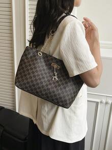 Bolso de mano de gran capacidad de moda 2024 para mujer, bolso de hombro de cadena vintage con estampado, adecuado para ir al trabajo - Café integral - Ver 8