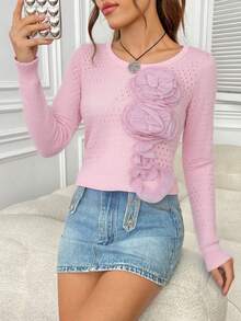 blusa femenina de estilo casual con detalles de flores, ancho, cuello redondo, de manga larga, adecuada para primavera y verano, ideal para ocasiones informales - ROSA - Ver 3