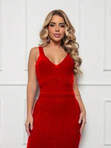 Women's Long Strap Midi Dress In Modal Knitwear, Braids And Lace With Crochet Stitch, Knit Look - Đỏ - Xem 4
