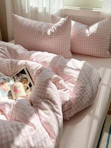 3 件套粉色 100% 涤纶北欧格子羽绒被套套装，2 个枕套 + 1 个羽绒被套（无床单），适用于房间装饰