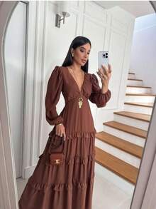 Women's Long Chiffon Dress With Long Sleeves, V-Neck, Ruffled Hem And Lining - Marrón - Ver 2