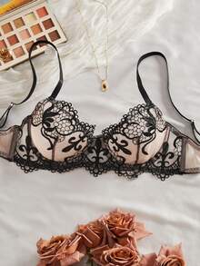 Set de lenjerie intimă neagră, sexy, cu plasă și broderie, retro, elegant, cu bretele asimetrice, sutien bandeau pentru femei.