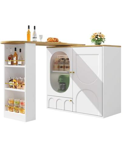 Sairedel Wit 360° Rotating Bar Tafel Storage Space Kitchen Isl 138x39x102cm Doors, Door Shelves Removable Dividers, As Dining Counter view 6