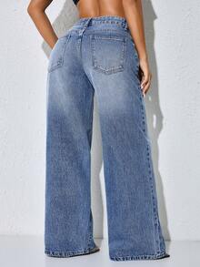Low-Waist Wide-Leg Casual Blue Jeans With Slant Pockets And Curved Hem For Women - Blue - View 2