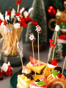 100/50pcs Christmas Toothpick Set, Suitable For Appetizers, 4.7 Inch Natural Bamboo Skewers, Applicable For Christmas, Winter Holiday Parties, Valentine's Day, New Year Cakes, Desserts, Fruits, Christmas Party Decor