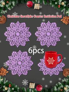 1/6pcs Christmas Snowflake Coasters, Heat Insulation Coasters For Christmas Party Table Decoration, Christmas Scene Decor Coasters, PVC Foil Snowflake Coasters