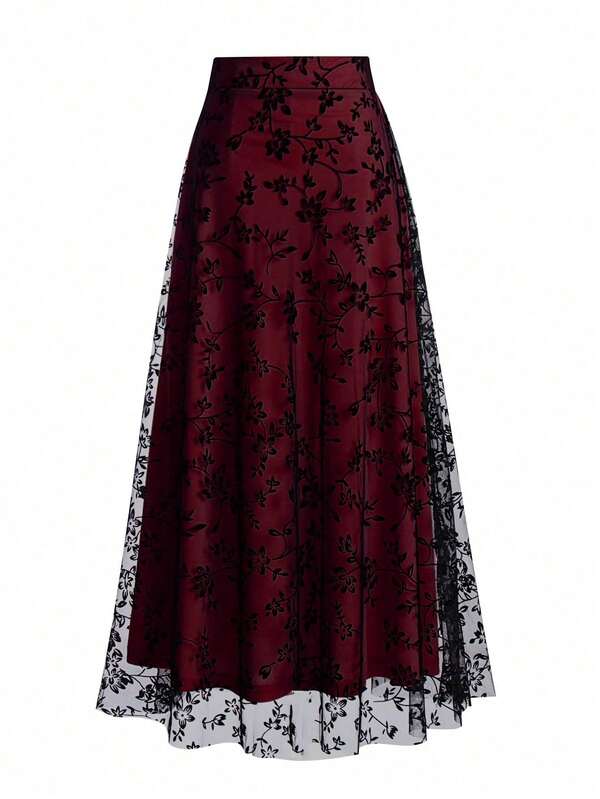 Jupe élégante en maille floquée à fleurs de grande taille, jupe mi-longue élégante pour femmes