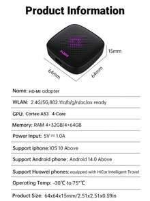 XUDA 新款五合一 Carplay Ai Box 支持 Hdni 高清输出、Android 14/Carplay/Android Auto/HiCar，并支持在四种操作系统之间切换 4+32GB/4+64GB 提供高性能、多功能、稳定流畅运行不间断，以及内置应用程序 - 黑色 - 查看 10