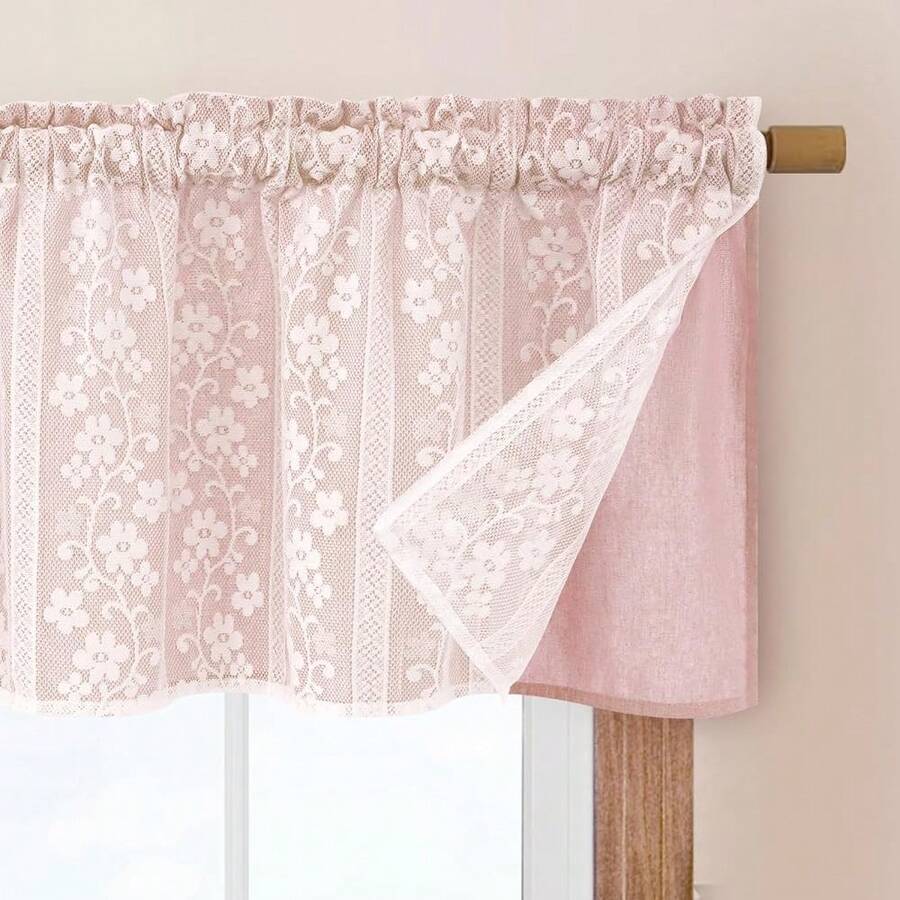 Cenefas de lino ASPMIZ para ventanas de estilo granja, cortinas de cocina de doble capa con lino y encaje, cortinas de cenefa rústicas para ventanas pequeñas, cocina, baño, cafetería, 52 X 18 pulgadas con bolsillo para barra, rosa - Rosa 52 de ancho x 18 de largo, paquete de 1 - Ver 1