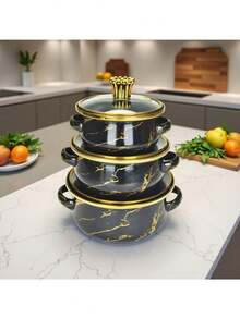 3pcs Enamel Coated Cookware Set: Milk Pot With Handles, Enamel Bowl, Mini Pot, Soup Pot, Ramen Bowl, Small Hot Pot, Thick Enamel Pot With Handles, Suitable For Induction Cooktop, Gas Stove, Cooking Small Portions Or Food Storage, Family Dinner Supplies, Christmas Party Supplies