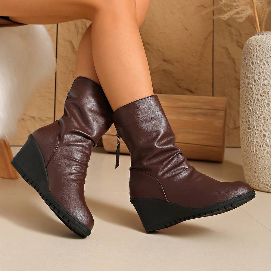 Women's New Mid-Calf Boots, Flat Wedge Heel, Fashion & Comfortable Autumn/Winter Boots - Coffee Brown - View 1