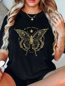 Camiseta gráfica de mariposa para mujer ,Camiseta informal de algodón de verano para mujer, manga corta, cuello redondo, 220 g/m2 (1 pieza) - Negro - Ver 1