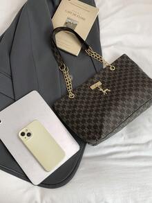 Bolso de mano de gran capacidad de moda 2024 para mujer, bolso de hombro de cadena vintage con estampado, adecuado para ir al trabajo - Café integral - Ver 4