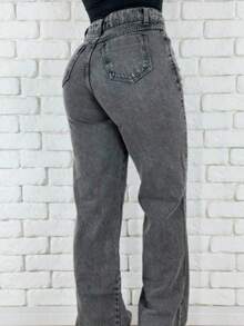 Women's Wide Leg Jeans, High Waist, Butt Lifting Pants - Grey - View 2