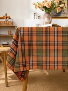 1pc Green & Orange Plaid Tablecloth With Golden Thread, Farmhouse Style Dining Table Cover, Polyester Material, Suitable For Kitchen, Dining Room And Christmas Decoration