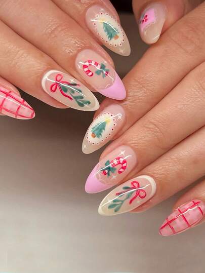 圣诞美甲，24 件套杏仁形圣诞树糖果樱桃按压式短指甲非常适合时髦女孩、办公室女士、派对、约会、日常穿着和节日场合。