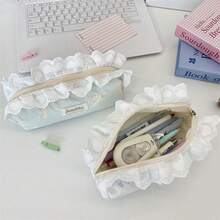 1 bolsa para lápis com estampa de gato e renda, grande capacidade, design colorido e portátil, adequada para cenários de armazenamento de papelaria, caixa de papelaria/organizador de estojo de lápis