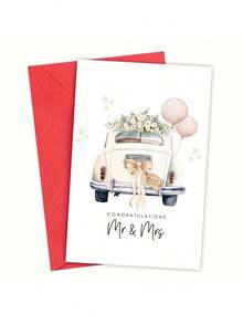 1PC Elegant Wedding Day Greeting Card, Personalised "Just Married" Wedding Card, Vintage Wedding Car And Floral Bouquet & Balloons Design, Newlyweds Gifts, Congratulations Wedding Day Card, Ideal Gift For Couples, Friends, And Family - Multicolor - View 11