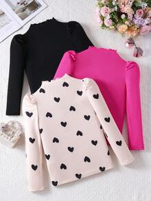 3pcs Girls Turtleneck Ruffle Rib Knit Puff Sleeve Sweater Set