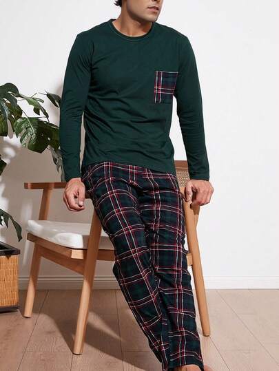Men's Sleepwear Set, Lightweight Round Neck Pullover Top And Plaid Print Long Pants, Casual And Comfortable Loungewear Set For Spring And Autumn