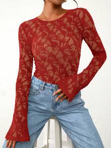 Womens Lace Long Bell Sleeve Tops Fall Sexy See Through Sheer Floral Blouse Shirt Fitted Going Out Outfits - Đỏ - Xem 2