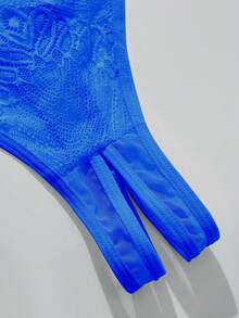 性感内衣，时尚粉色花卉蕾丝文胸内裤套装，无钢圈文胸和内裤 - 寶藍色 - 查看 5