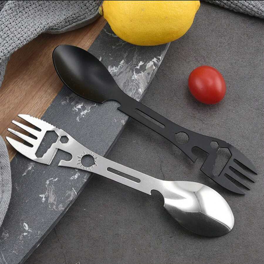 10-In-1 Practical Tactical Fork, Stainless Steel Spoon And Bottle Opener, Fork And Knife, Can Opener Set Of Camping Tools, Suitable For Hiking, Camping Or Backpacking Trips - Multicolor - View 1