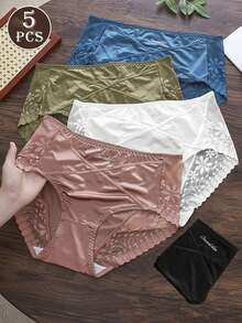 5 Pcs Ladies Sexy Semi-Transparent Lace Panties In Solid Satin Color - Multicolor - View 3