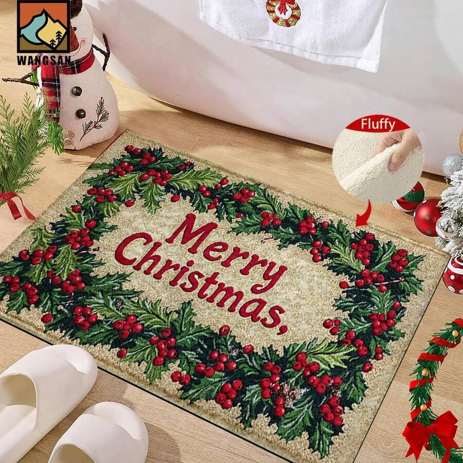 1 pieza Alfombra antideslizante para baño con diseño de bayas de acebo navideño, hecha de material de cachemir sintético con decoración esponjosa, adecuada para baños, entradas, cocinas y otras ocasiones. Se puede lavar a máquina. Es una decoración festiva y se puede regalar.