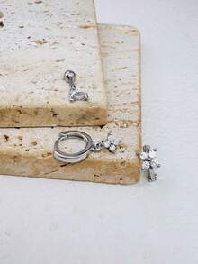 3件套复古银色圆形锆石花朵吊坠耳环，可叠戴，轻巧不锈钢耳环，镶嵌锆石，男女皆宜，可佩戴于耳软骨、耳垂、耳廓等部位。 - Silver-1# - 查看 3