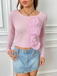 blusa femenina de estilo casual con detalles de flores, ancho, cuello redondo, de manga larga, adecuada para primavera y verano, ideal para ocasiones informales - ROSA - Ver 1