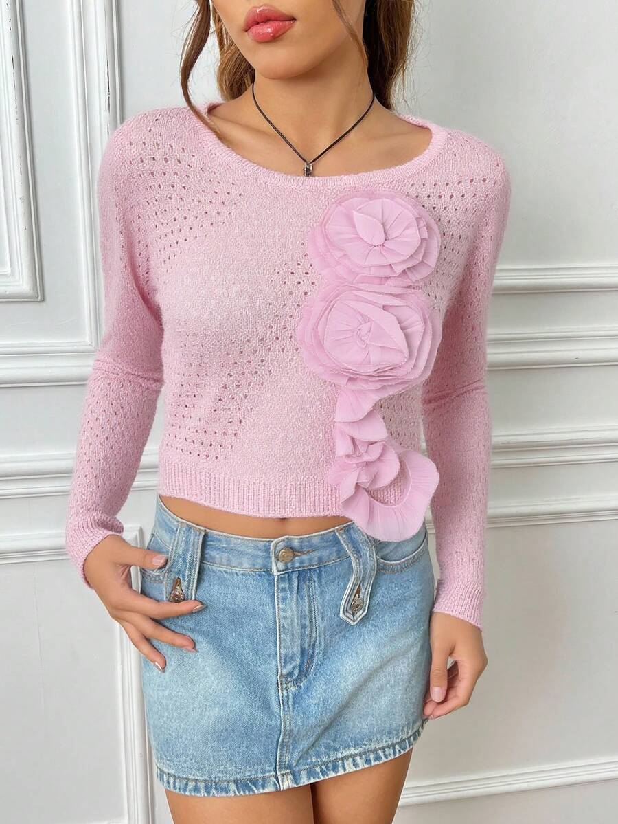 blusa femenina de estilo casual con detalles de flores, ancho, cuello redondo, de manga larga, adecuada para primavera y verano, ideal para ocasiones informales - ROSA - Ver 1