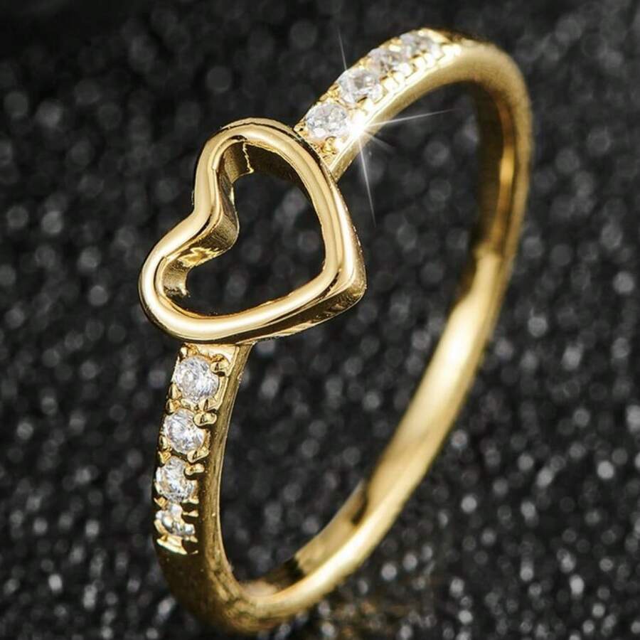 Women's Silver And Gold Ring With Hollow Heart And Zirconias, Delicate And Romantic Design, For Gift, Party And Daily Use - #20 - View 1