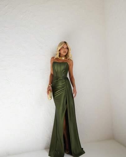 Vestido de Festa Maxi Tomara Que Caia Elegante Acetinado com Fenda Lateral Amarração nas Costas Madrinha de Casamento/ Formantes