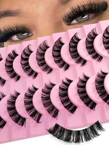 Rikuaild 10 Pairs D Curl Russian False Eyelashes, Lightweight & Fluffy, Thick & Curled, Criss-Cross Faux Mink Lashes, Suitable For Parties, Music Festivals, Travel, Reusable, Create Voluminous Lashes - 俄羅斯條狀假睫毛 - 查看 1