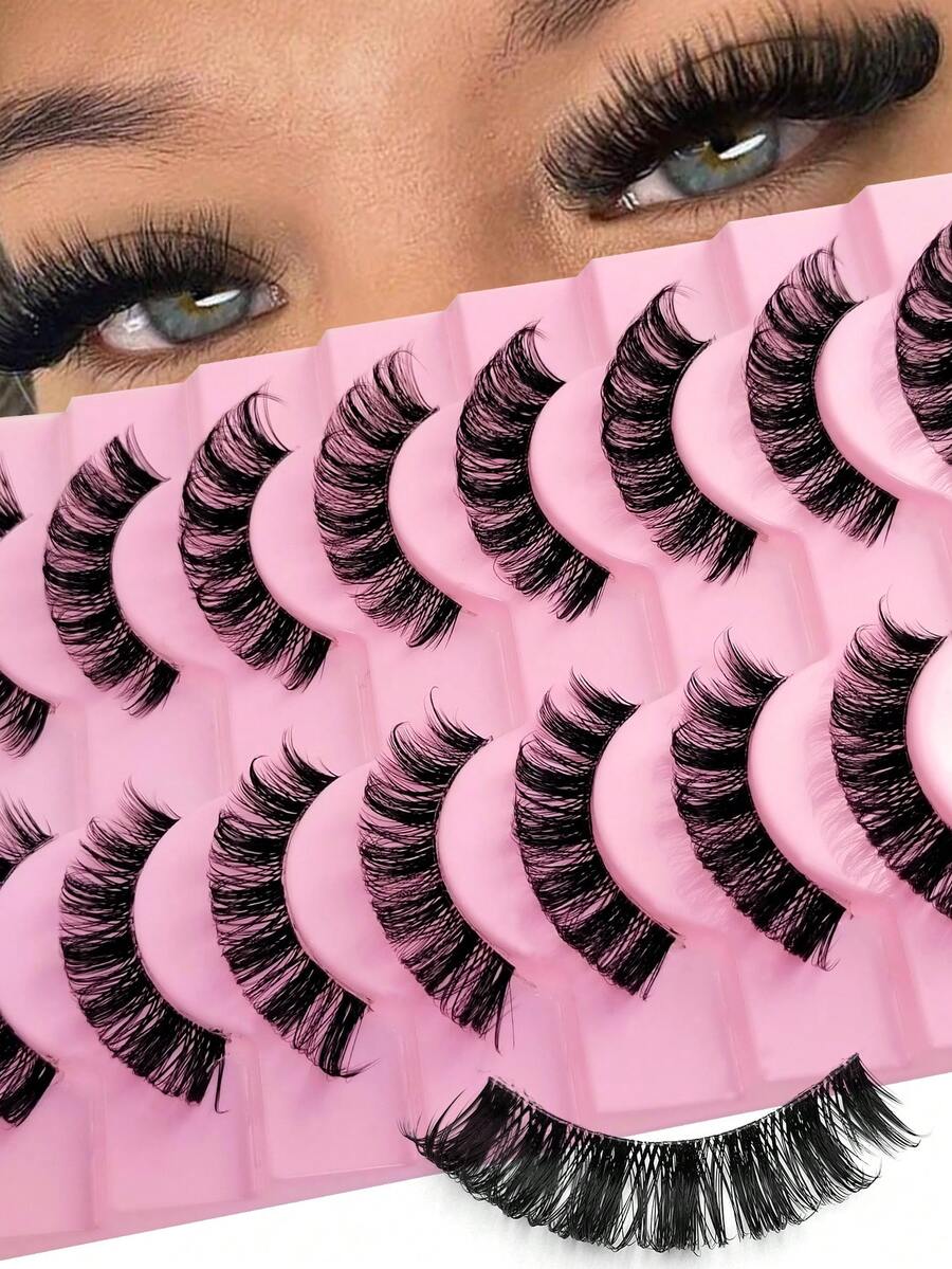 Rikuaild 10 Pairs D Curl Russian False Eyelashes, Lightweight & Fluffy, Thick & Curled, Criss-Cross Faux Mink Lashes, Suitable For Parties, Music Festivals, Travel, Reusable, Create Voluminous Lashes - 俄羅斯條狀假睫毛 - 查看 1