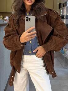 Buzzelle Áo khoác ngắn dáng rộng thoải mái cho nữ, Thu/Đông - màu nâu - Xem 3