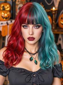 Peluca sintética resistente al calor con flequillo, de moda y divertida, para mujeres, de 14 pulgadas, de dos tonos rojo y verde, corta y ondulada, peluca para niña, para cosplay, disfraz de Halloween, fiesta - Dos Tonos - Ver 14
