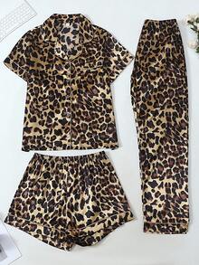 3 件套缎面猎豹印花睡衣套装 - 短袖上衣、短裤和长裤，女士休闲宽松睡衣，适合居家和户外穿着，春夏秋冬 - 彩色 - 查看 11