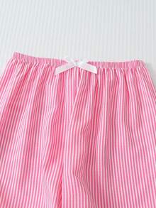 2 件女式蓝白条纹印花睡衣套装，长袖纽扣领上衣和裤子，休闲睡衣家居服，适合秋冬，秋季服装 - 粉色 - 查看 6