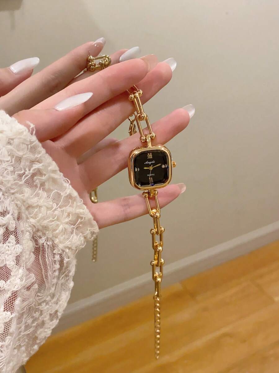 1件优雅奢华个性化女士手链腕表，超薄方形简约石英表，适合日常佩戴，生日礼物