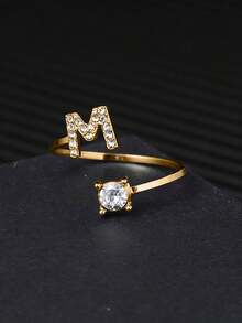 礼盒装 26 字母奢华水钻金色开口戒指，适合女性婚礼订婚派对生日礼物 - 金色 - 查看 15