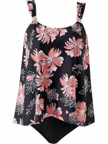 High Waisted Ruffle Tankini Swimsuit Plus Size Tummy Control - Pink Floral - View 11