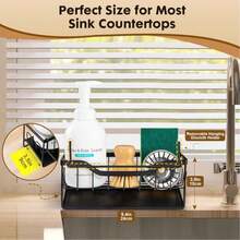 Porte-éponge/organisateur de lavabo avec plateau autonettoyant, support d'éponge, étagère de rangement pour lavabo avec crochet pour torchon, porte-ustensiles de vaisselle pour le rangement et l'organisation de la cuisine sur le plan de travail (noir)