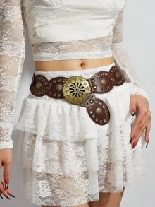 1pc BOHO Punk Style Vintage Mesh Oval Belt For Women, Rivet Brown Belt For Jeans/Dress, Suitable For Daily, Party, Vacation Wear - Brown (hollow Buckle) - View 5