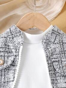 3 pièces Ensemble fille comprenant : veste longue élégante à fleurs et dentelle, Top à manches longues de couleur unie, et jupe. Automne/Hiver