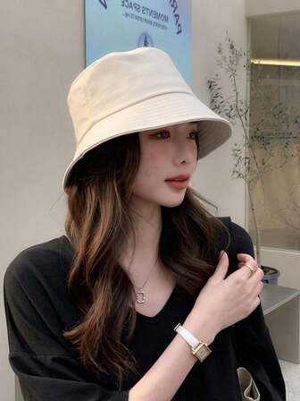 1顶女士纯黑色休闲渔夫帽，防晒户外运动旅行遮阳帽